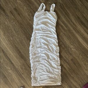 Chic White Ruched Midi Dress